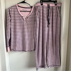 Nautica Cozy Waffle Fleece Pink Navy Striped Sleepwear w Pockets Set   Size M